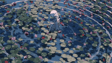 a painting of a skeleton in a pond with water lilies