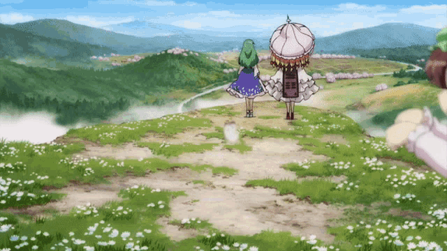 two anime characters standing on top of a hill