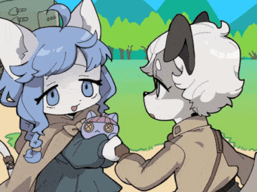 a cartoon drawing of a girl and a wolf holding a stuffed cat