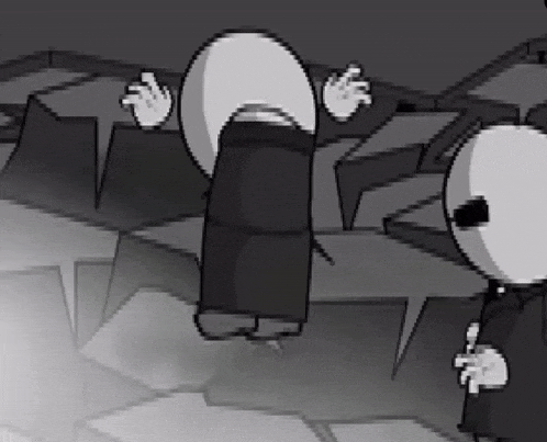 a black and white cartoon of two cartoon characters standing next to each other in a dark room .