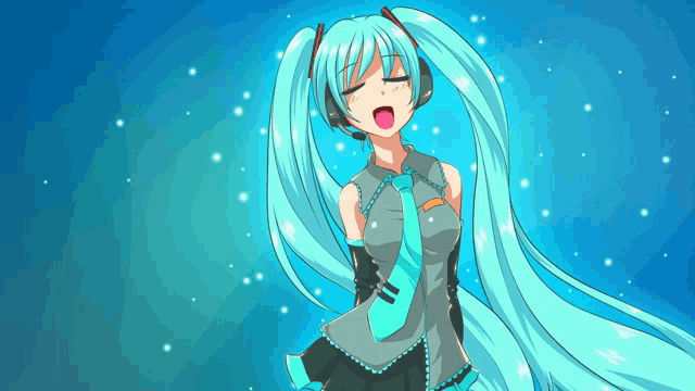 a girl with long blue hair and headphones singing