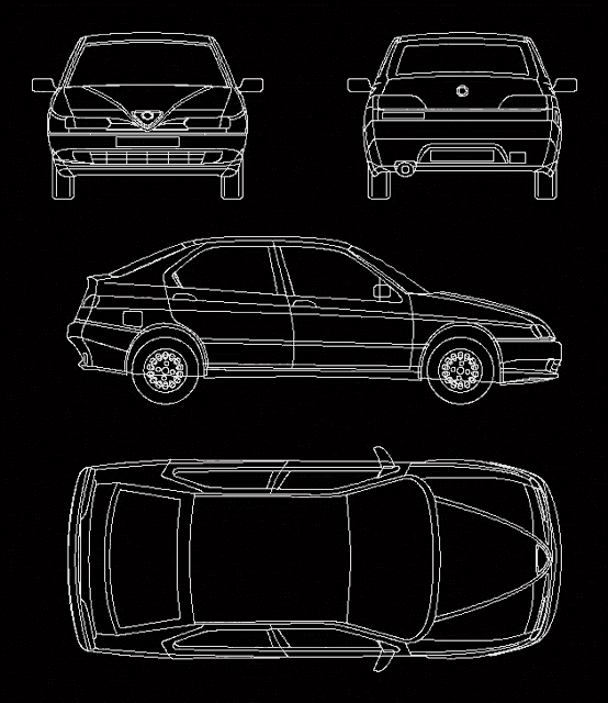 a black and white drawing of a car from the front , back , side and top