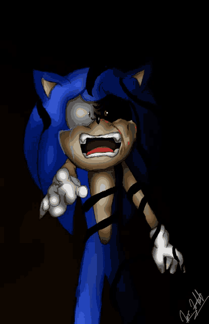 a drawing of sonic the hedgehog with a black background and the name chris on the bottom right