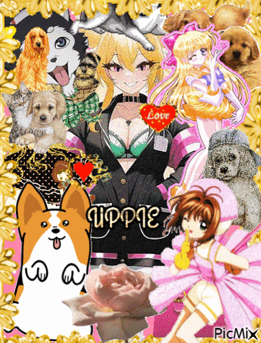 a collage of anime characters including a girl with a heart and the word love