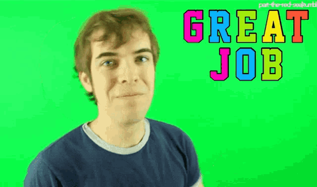 a man is smiling in front of a green background that says great job