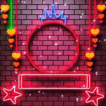 a brick wall with hearts and stars and a neon sign that says my