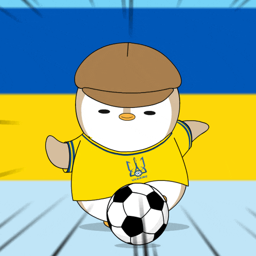 a cartoon penguin is kicking a soccer ball in front of a blue and yellow background