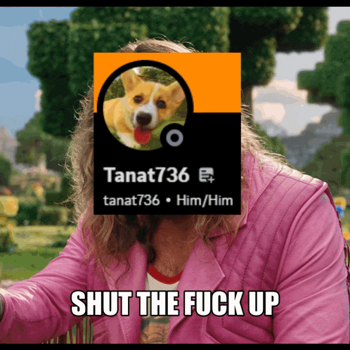 a man in a pink jacket has a picture of a dog on his face and the words shut the fuck up