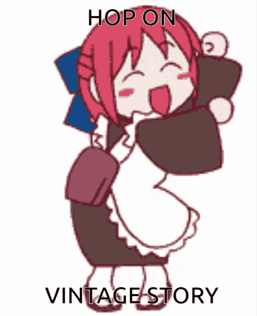 a cartoon of a girl with red hair and the words hop on vintage story below her