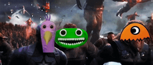 a purple bird a green monster and an orange monster are in a crowd