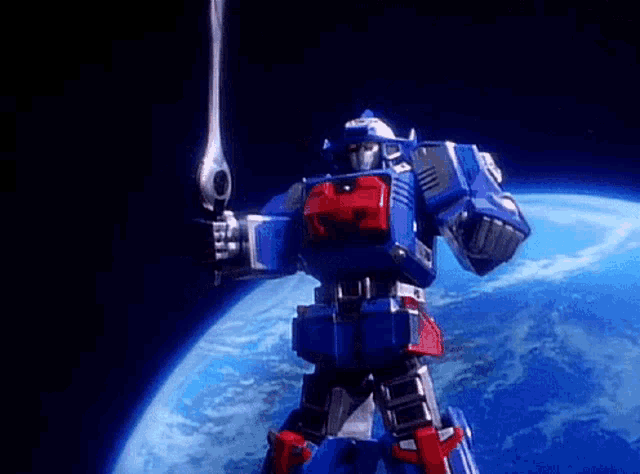 a robot is holding a sword in front of a planet