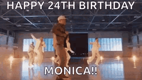 a group of people are dancing in a gym and they are saying happy 24th birthday monica .