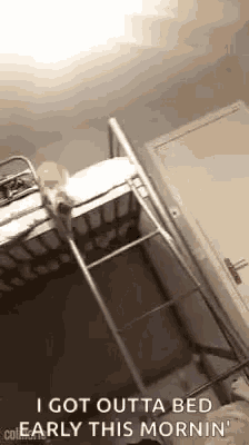 a person is laying on a bunk bed with a ladder in a bedroom .