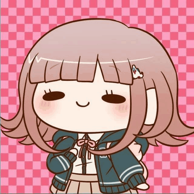 a cartoon drawing of a girl with short hair and a jacket on a checkered pink background .