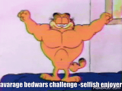 a cartoon of garfield with the words " avarage bedwars challenge selfish enjoyer " above him