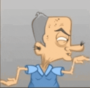 a cartoon of a man with a long nose and a blue shirt