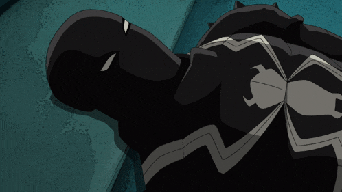 a cartoon of a man in a black suit with a spider on it
