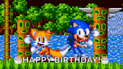 a pixel art of sonic the hedgehog and tails saying `` happy birthday ! ''