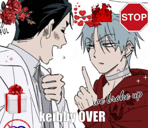 a stop sign is in the background of a picture of two men