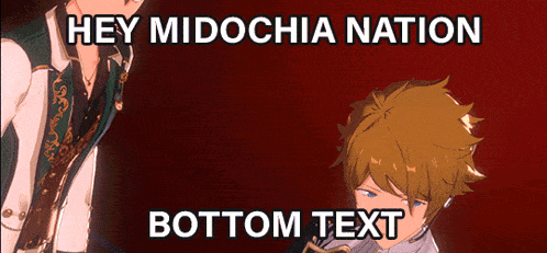 a picture of two anime characters with the words hey midochia nation bottom text
