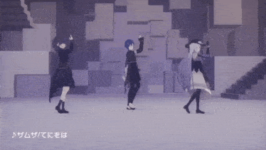 three anime characters are dancing in front of a wall with chinese writing