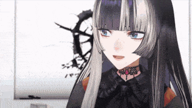 a girl with long black and white hair is wearing a black choker
