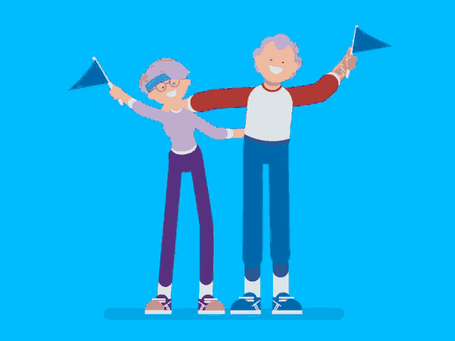 a man and a woman are standing next to each other and holding flags