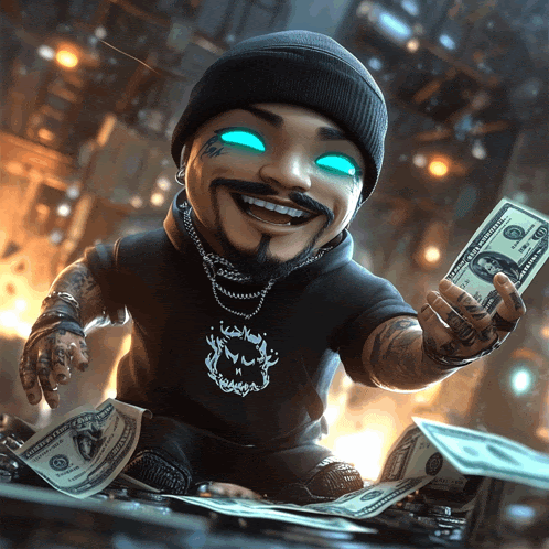a cartoon character is holding a 100 dollar bill in his hand
