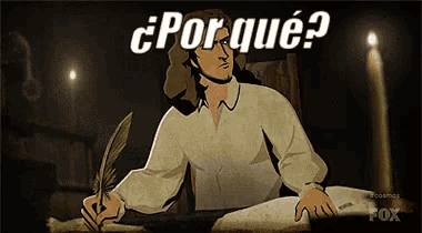 a cartoon of a man writing with a quill and the words ¿ por que ? behind him