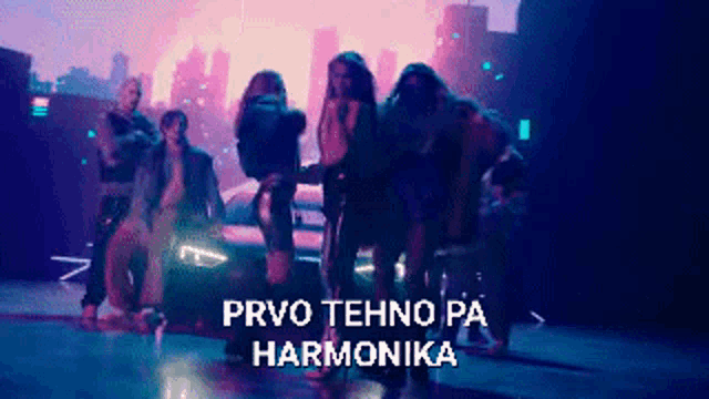 a group of people are dancing in front of a car with the words prvo techno pa harmonika written on the bottom