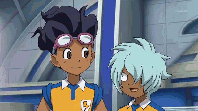 two anime characters one with a lightning bolt on his shirt