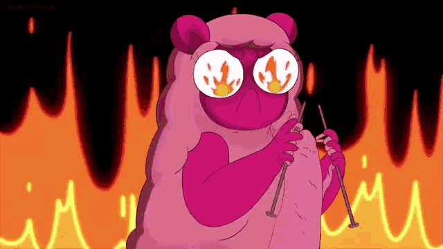 a cartoon of a sheep holding knitting needles in front of fire