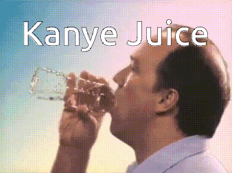 a man drinking water from a bottle with the words kanye juice written above him