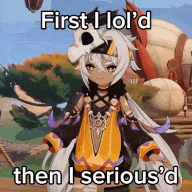 a girl with a skull on her head says first i lol d then i serious d