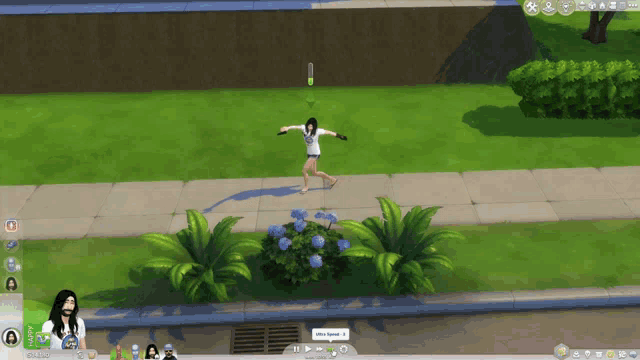 a screenshot of a video game shows a person walking down the sidewalk