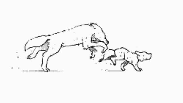 a black and white drawing of two dogs running on a white background