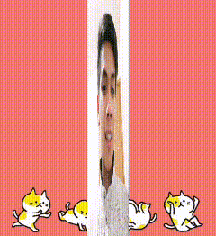 a man in a white shirt is surrounded by cartoon cats on a red background