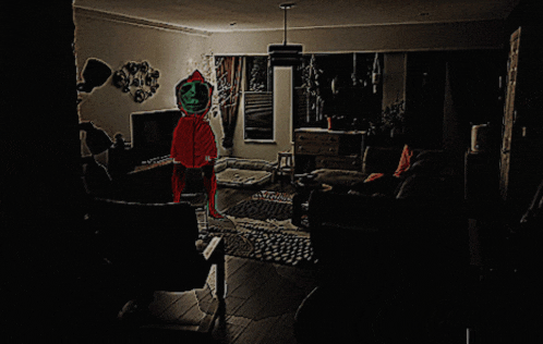 a person in a red hooded jacket is standing in a dark room