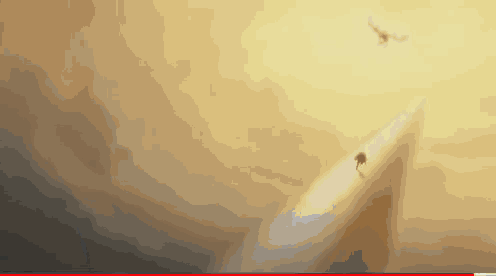 a painting of a person walking across a cliff with a bird flying in the background .