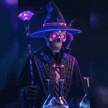 a poster with a skeleton in a wizard costume and the word believe