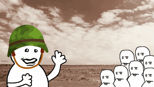 a cartoon of a soldier standing in front of a group of ghosts