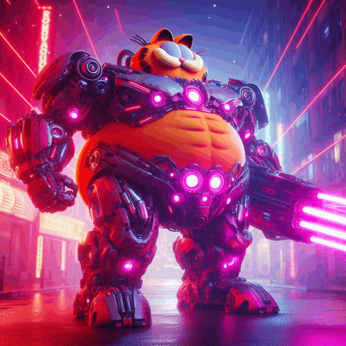 a cartoon character named garfield is standing in front of a neon sign that says mcdonald 's