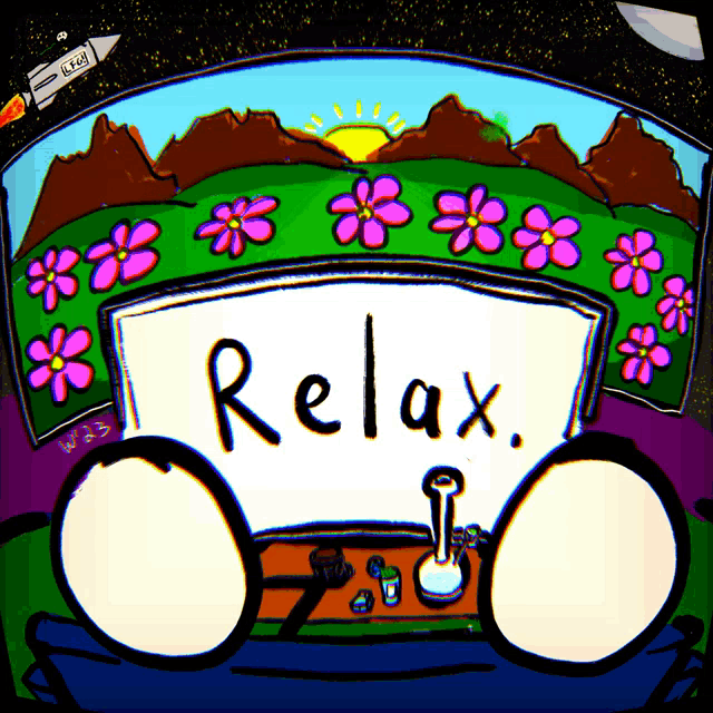 a sign that says relax on it with flowers and mountains