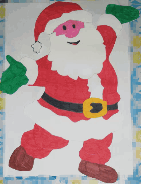 a drawing of santa claus with a yellow belt and mittens