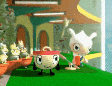 a cartoon character with a red band around his waist is standing next to another character