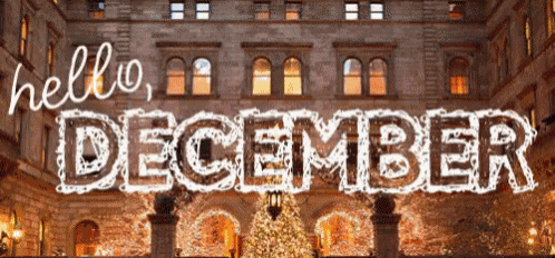 a sign that says hello december in front of a christmas tree