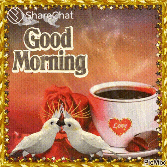 two birds kissing in front of a cup of coffee that says love on it