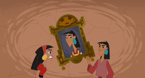 two cartoon characters are looking at a picture of a woman in a frame that says disney on it