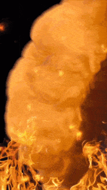 a painting of a fire with smoke coming out of it against a black background
