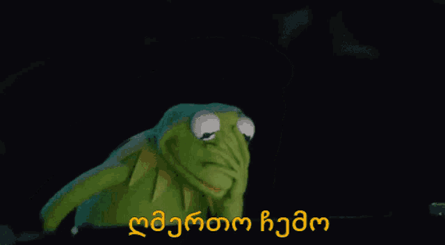 a kermit the frog puppet is sitting in front of a black background with foreign writing